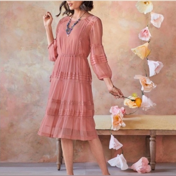 Sundance Catalog 3/4 Sleeve Rosalie Tucked & Tiered in 100% Silk Crepe Coral ZB4 - Picture 1 of 9